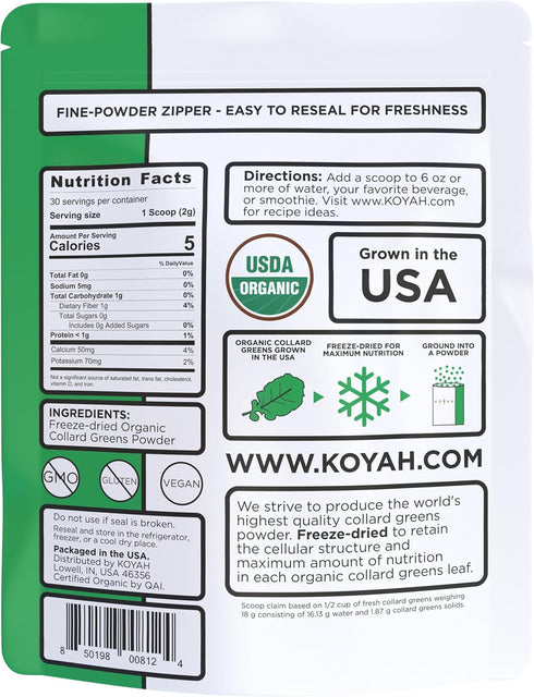 KOYAH Organic USA Grown Collard Greens Powder - Equivalent to 15 Cups Fresh, Freeze-Dried Whole-Leaf Powder