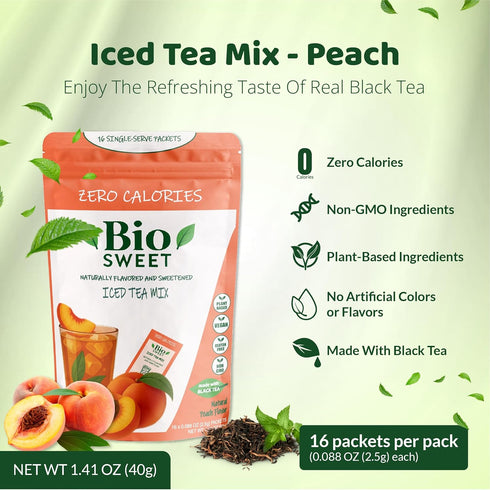 (16 packets) BioSweet Iced Tea Mixes - Peach Flavor | Zero Calorie Mix from Real Black Tea | Naturally Sweetened