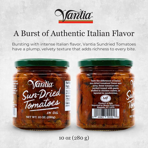 10 oz Packed Vantia Sun-Dried Tomatoes in Oil Jar Imported Italian Tomatoes in Oil, Rich Tangy Flavor for Pasta
