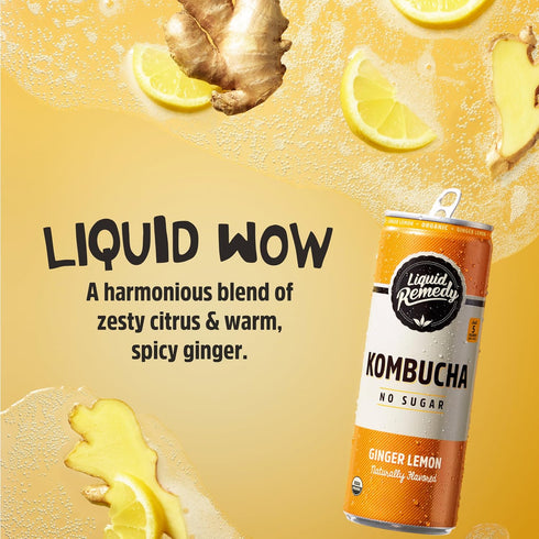 12 Oz 4-Pack Liquid Remedy Kombucha Sugar Free Organic Drink, Low Calorie, Probiotic Like Tea for Gut Health - Ginger
