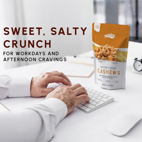 15 oz Snackathon Butter Toffee Cashews, Resealable Bag, Made in USA, All-Natural Fresh Roasted Nuts Coated in a Crunchy