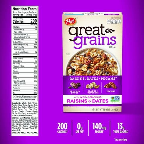 Post 16 OZ (Pack 5) Great Grains Raisins Dates and Pecans Breakfast Cereal, Raisin Cereal with Sweet Dates and Granola