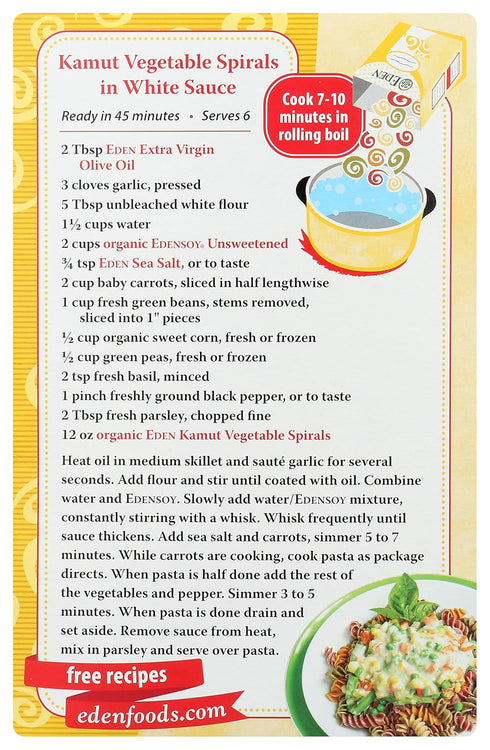 12 oz, 100% Eden Organic Kamut Vegetable Spirals, Whole Grain, Non-GMO