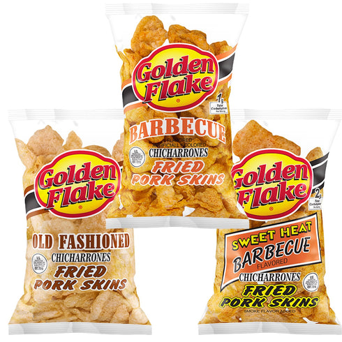 Golden Flake Fried Pork Skins: Old Fashioned, Barbecue, Sweet Heat Barbecue Variety