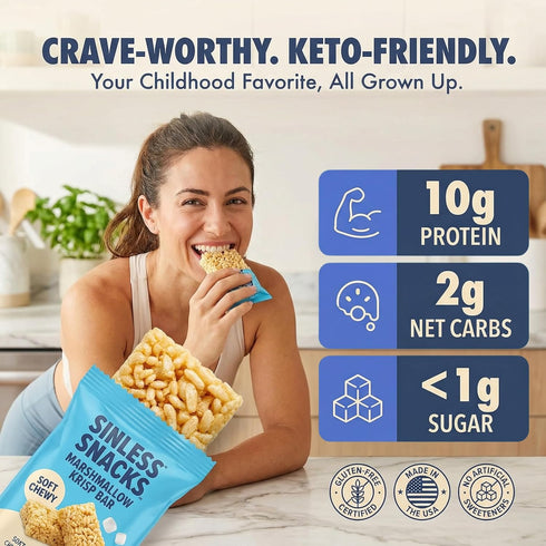 10g 2g 8 Sinless Snacks Delicious Marshmallow Krisp Bar - Low Carb Keto Snack - Protein Net Carbs - New Improved