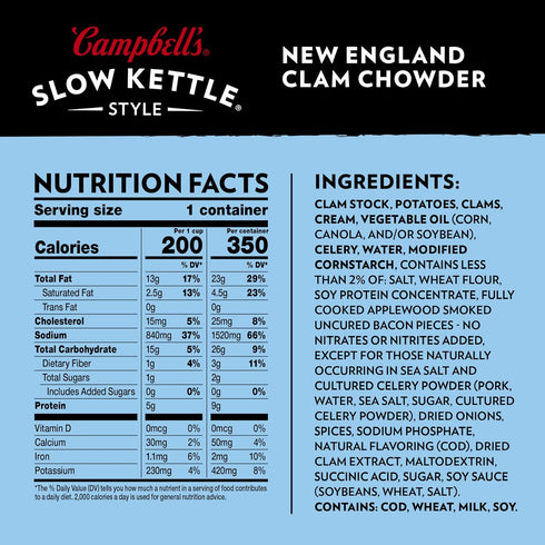 Campbell's Slow Kettle 15.5 oz. (Pack 5) Style New England Clam Chowder, Tub