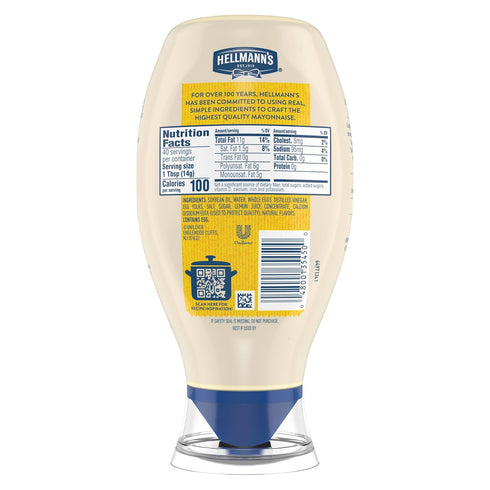 HELLMANN'S 20 oz Real Mayonnaise Real Mayo Squeeze Bottle For a Rich Creamy Condiment Gluten Free, Made With Cage-Free
