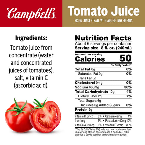 100% 46 oz (6 Pack) Campbell's Tomato Juice, fl Bottle