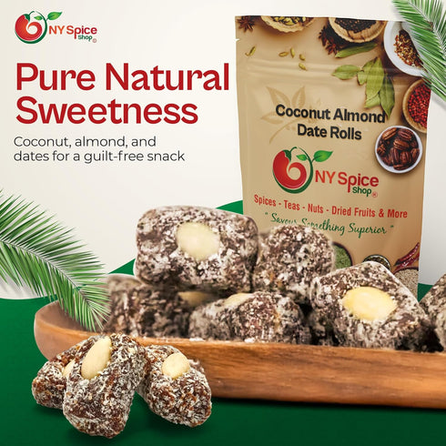 5 NY Spice Shop Dried Coconut Dates - Pound Coconut Almond Date Rolls - Sweet Fruit Almond Dried Dates - Coconut