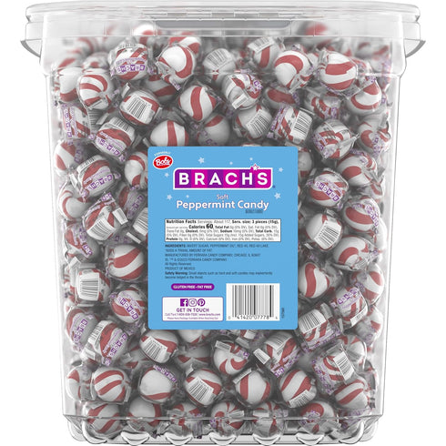 3.9 lb (350 Count) Brach's Bobs Sweet Stripes Soft Peppermint Candy, Individually Wrapped Pieces, Tub