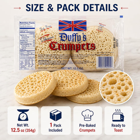 12.5 oz (pack 1) Duffys Crumpets British Breakfast Bread, Soft and Airy, Perfect for Toasting, Holds Butter and Jam