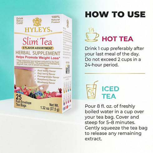 5 25 (1 Pack) Pack HYLEYS Slim Tea Flavor Assortment - Weight Loss Herbal Supplement Cleanse and Detox - Tea Bags