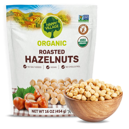 Happy Village Organic Roasted Hazelnuts, 16 OZ Resealable Bag, Roasted and Unsalted,