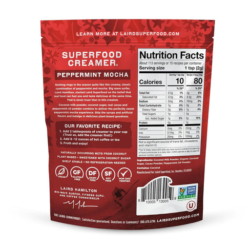 Laird Superfood Non-Dairy Original Superfood Peppermint Mocha Coconut Powder Coffee Creamer, 8 oz. Bag, Gluten Free