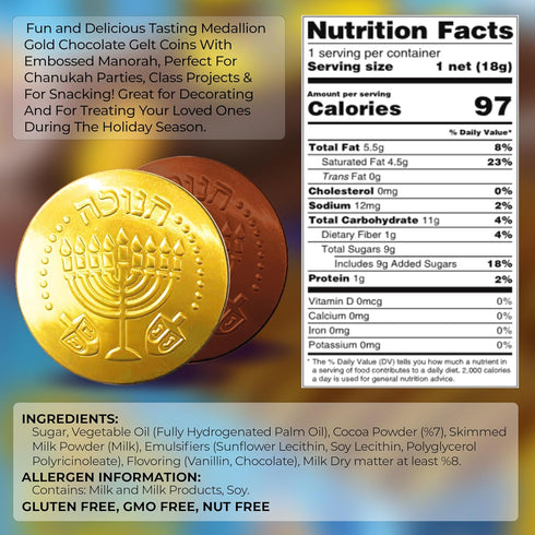 3 Pack 3" Hanukkah Gelt Chocolate Coins - XL Kosher Milk Chocolate Coins Nut Free, Dairy - Jumbo Hanukkah Chocolate