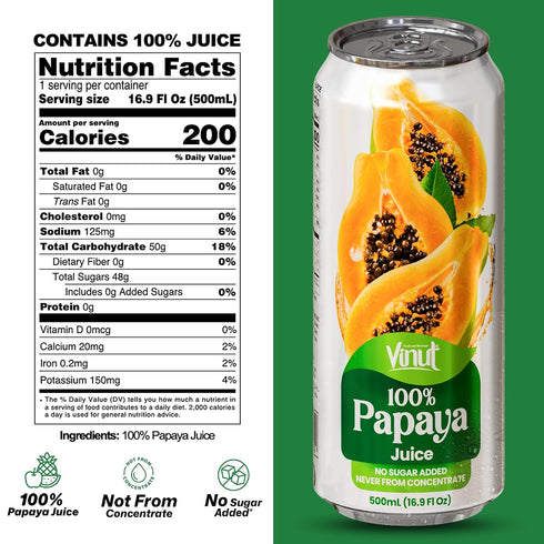 100% 500ml (16.9 Oz), Pack 2 Vinut Pure Papaya Juice, No Sugar Added, Never From Concentrate, Fl