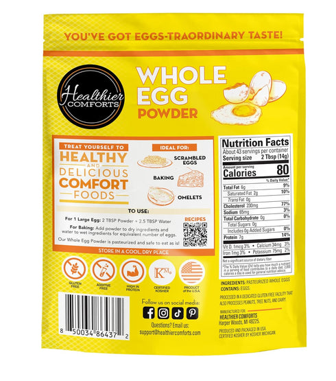 (21 oz) Healthier Comforts Whole Egg Powder | Pure Dried Whole Eggs | Pasteurized, Ready to Eat | Gluten Free, Made