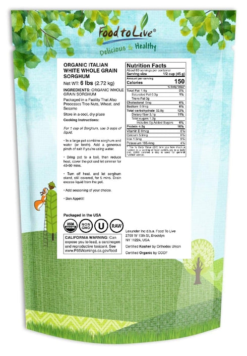 6 Food to Live Organic Italian White Whole Grain Sorghum, Pounds Non-GMO White Groats. Raw Milo Seeds. Vegan, Bulk