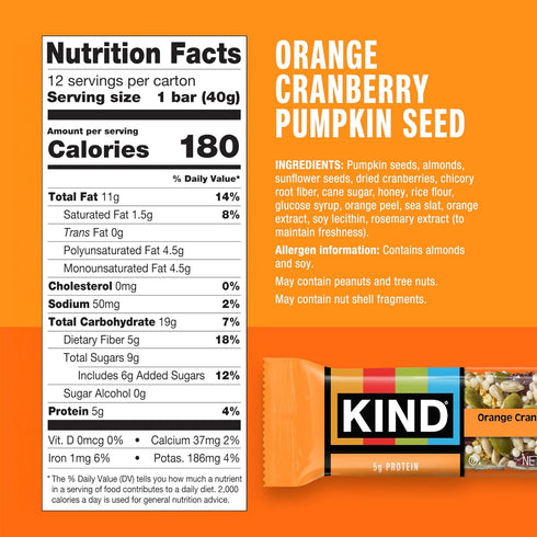 5g 12 Count KIND Healthy Snacks Bars, Orange Cranberry Pumpkin Seed, Gluten Free, High Fiber Snacks, Protein
