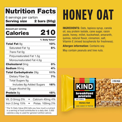 8g 6 Count (6 Packs 2 KIND Breakfast Protein Bars, Honey Oat, Gluten Free, Low Sodium, Healthy Snacks, Protein