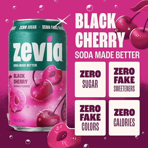 12 (Pack 12) Zevia Zero Sugar Soda, Black Cherry, Ounce Cans