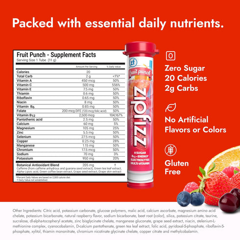 20 Pack 3-in-1 B-12 Zipfizz Daily Energy Drink Powder, Fruit Punch, Sustained Energy, Rapid Hydration, and Essential