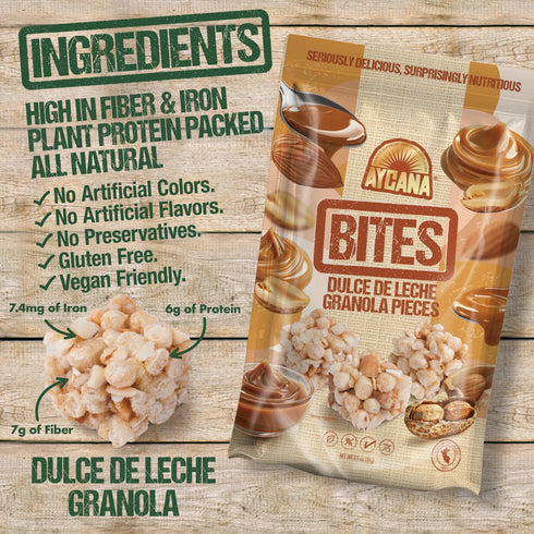 Pack, 4 Aycana Comfort Crunch Selection Box Granola Bites Dulce de Leche, Apple & Peanuts, Cinnamon & Raisins