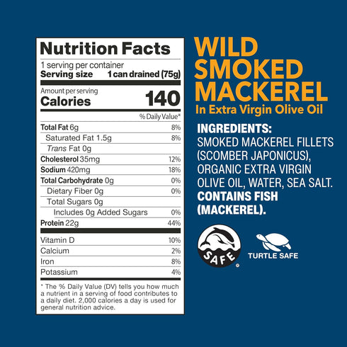 3.9 oz (Pack 1) Wild Planet Wild Smoked Mackerel Fillets in Extra Virgin Olive Oil, Tinned Fish, Canned Salmon