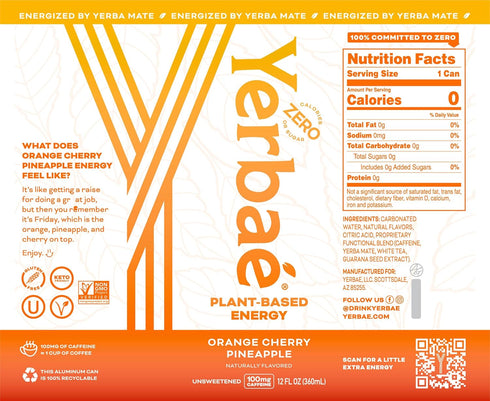 Pack 12, 12oz Yerba Energy Seltzer - Orange Cherry Pineapple No Sugar/Calories/Carbs. Energized by Yerba Mate