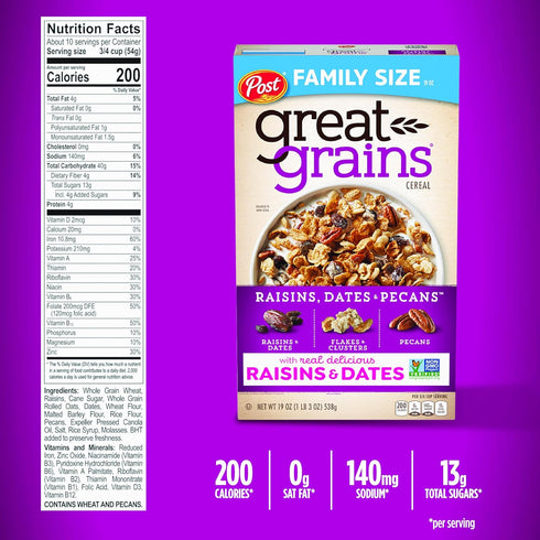 Great Grains 19 oz Raisins, Dates & Pecans Breakfast Cereal for Adults, Crunchy Clusters with Dried Fruit and Nuts