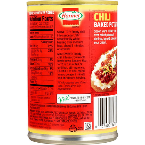 (Pack 12), 15 oz 15g HORMEL Chili Less Sodium No Beans of No Artificial Ingredients, Protein per Serving, Great