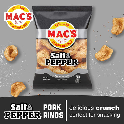 3oz (12-Pack) Mac's Salt and Pepper Fried Pork Skins - Salt & Pepper Flavored Chicharrones Pork Rinds - Low Carb