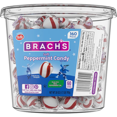 Brach's Bobs Sweet Stripes Soft Peppermint Candy, 160 Individually-Wrapped Pieces, 28 Ounce
