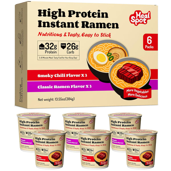 HealSpot High Protein Instant Ramen Variety Pack (6 Cups) - 32g Plant-Based