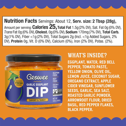 (2 Pack) Hummus Growee Vegan Garlic Eggplant Dip | Nut-Free, Gluten-Free & Dairy-Free Spread | Plant-Based Cheese