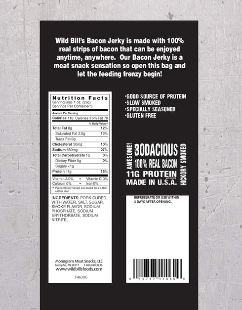 3 Pack (3 count) Wild Bills Hickory Smoked Bacon Jerky Ounce