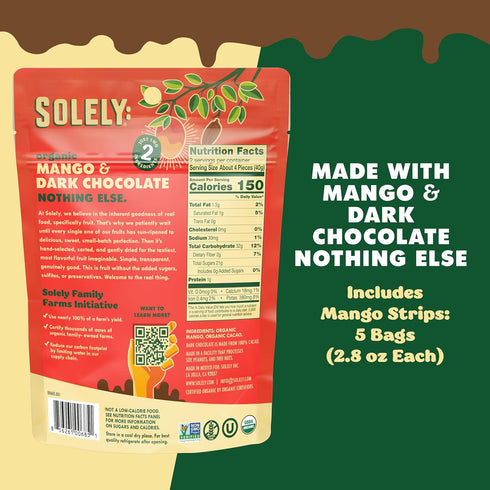 (2.8 oz Pack 5) 5 (14 oz) SOLELY - Organic Mango Chocolate Drizzled Strips Resealable Bags, of - Real Fresh Fruit