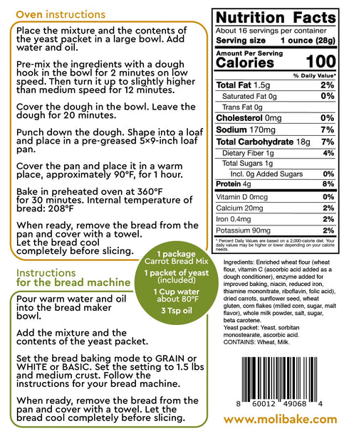 Pack 2 15 oz Molibake Carrot Bread Mix of - All-Natural Baking Mix for Bread Machine and Oven - Mix with Dried Carrots
