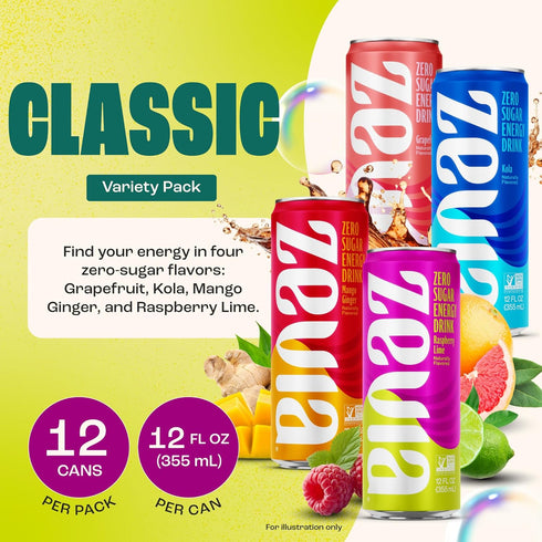Pack, 12 oz (12-Pack) Zevia Zero Sugar Energy Drink, Classic Variety Cans Naturally Sweetened, Non-GMO Project