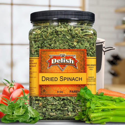8 Oz Backpacking Gourmet Chopped Dried Spinach Flakes by Its Delish, Jumbo Reusable Container | Premium Natural
