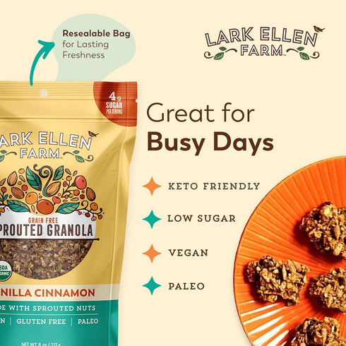 8 oz 3 Pack Lark Ellen Farm Vanilla Cinnamon Granola Clusters, Gluten Free, Vegan, Certified Organic, Low Sugar Healthy