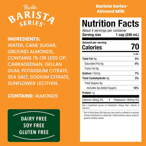 32 oz (Pack 4) Pacific Foods Barista Series Original Almond Milk, Plant Based Milk, Carton