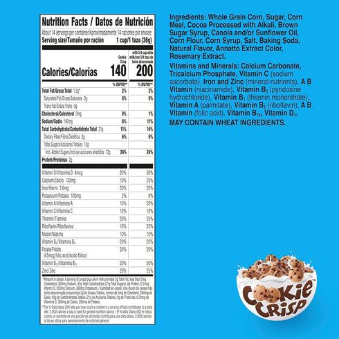 Cookie Crisp 18.3 oz Breakfast Cereal, Chocolate Chip Cookie Taste, Made with Whole Grain, Family Size