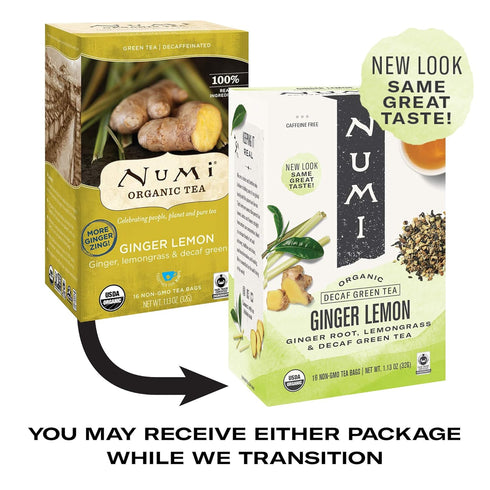 48 Numi Organic Ginger Lemon Decaf Tea, Green Tea Bags with Lemongrass and Ginger Root