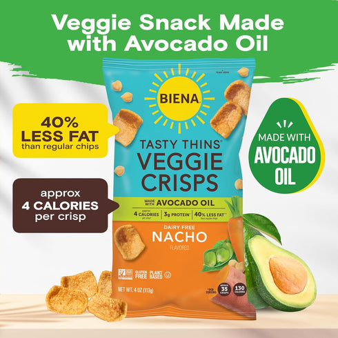 4-Pk 4oz BIENA Tasty Thins Veggie Crisps Made with Avocado Oil - Nacho, Bags Chickpeas & Veggies, Vegan, Gluten Free