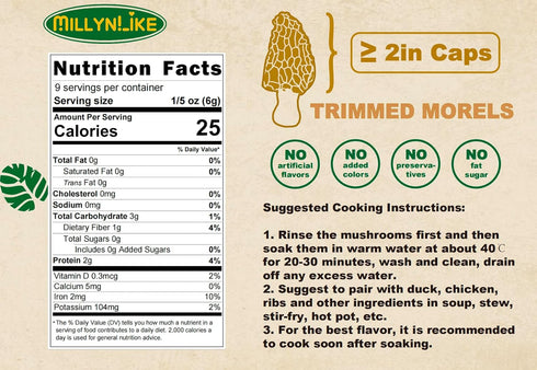 Trimmed (2+ Inches) 2oz Grade100% MillynLike Dried Morel Mushrooms Stems & Large Caps | Gourmet Morchella Conica