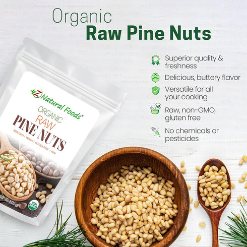 Packed 1 lb Z Natural Foods Organic Pine Nuts - Raw Nutrient-Dense Superfood in Airtight Foil Pouches - Pure Pine Nut
