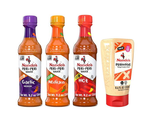 Nando's PERi-PERi Sauce Mixed Pack - Medium, Hot, Garlic, and PERinaise Original