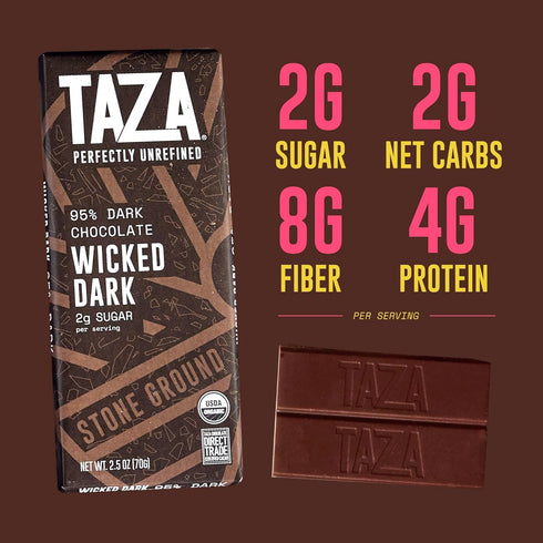 95% Pack 2.5 oz (4 count), Taza Chocolate Organic Wicked Dark Dark Bar Variety Bundle, Vegan