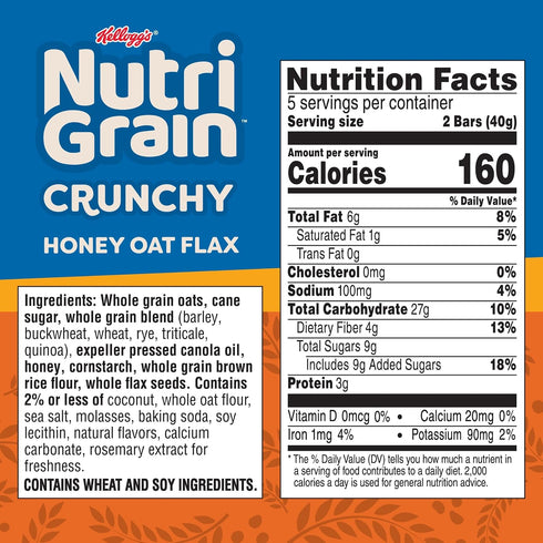 7oz (10 Nutri-Grain Crunchy Honey Oat Flax Bars, Fiber Bars, Whole Grain, Box Bars)
